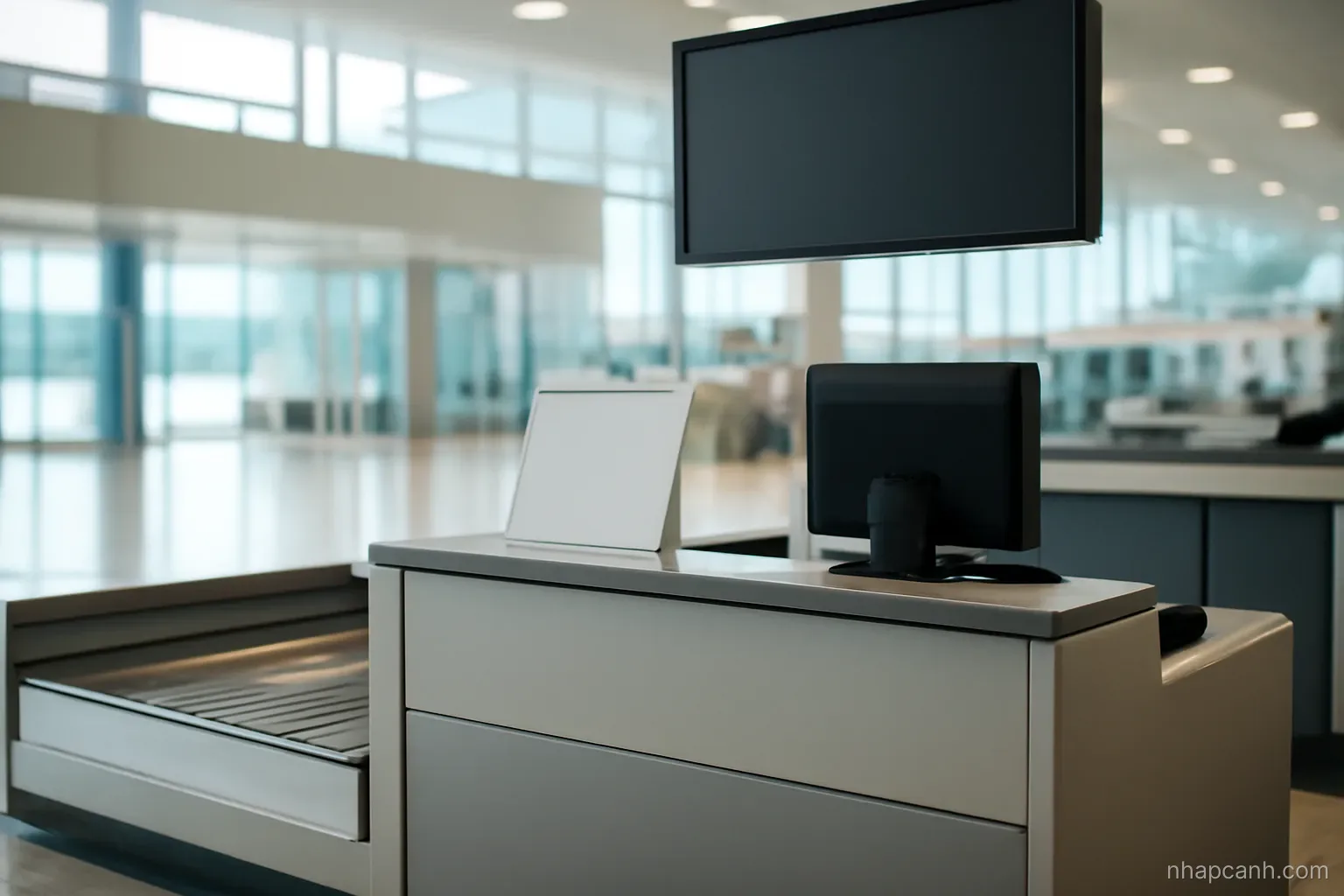 an empty airline check-in counter with a closed baggage belt and a blank information screen turned off, bright terminal lighting