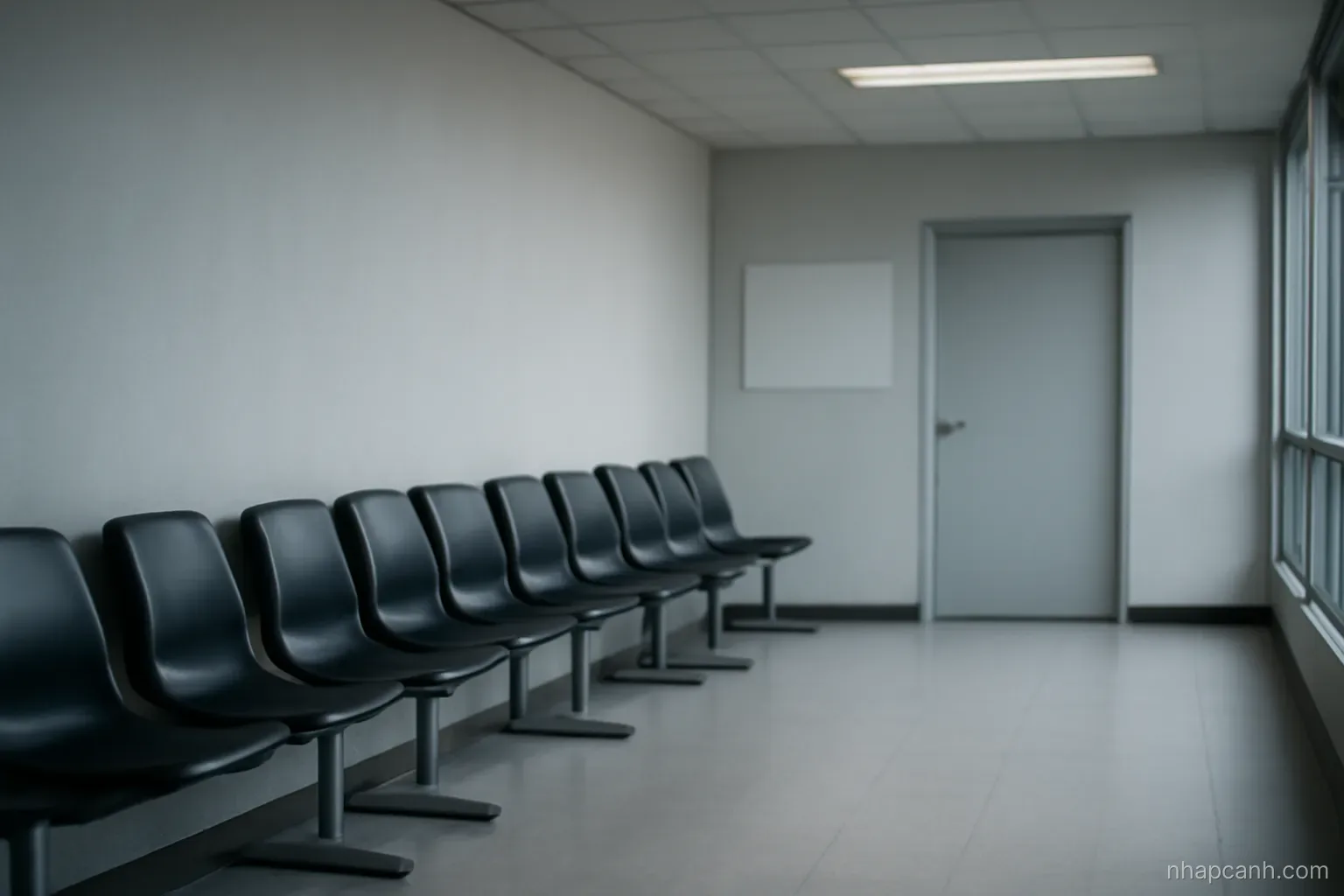 an empty airport holding area with plastic chairs against a bare wall and a closed door at the end, cold fluorescent light, no people