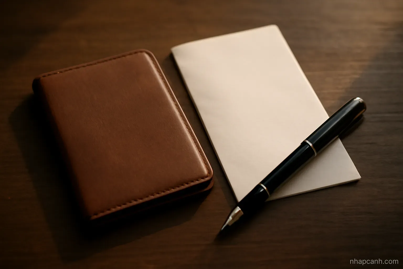 a flat lay of a closed passport cover, a folded paper document and a pen on a dark wooden table, warm side lighting, nothing readable