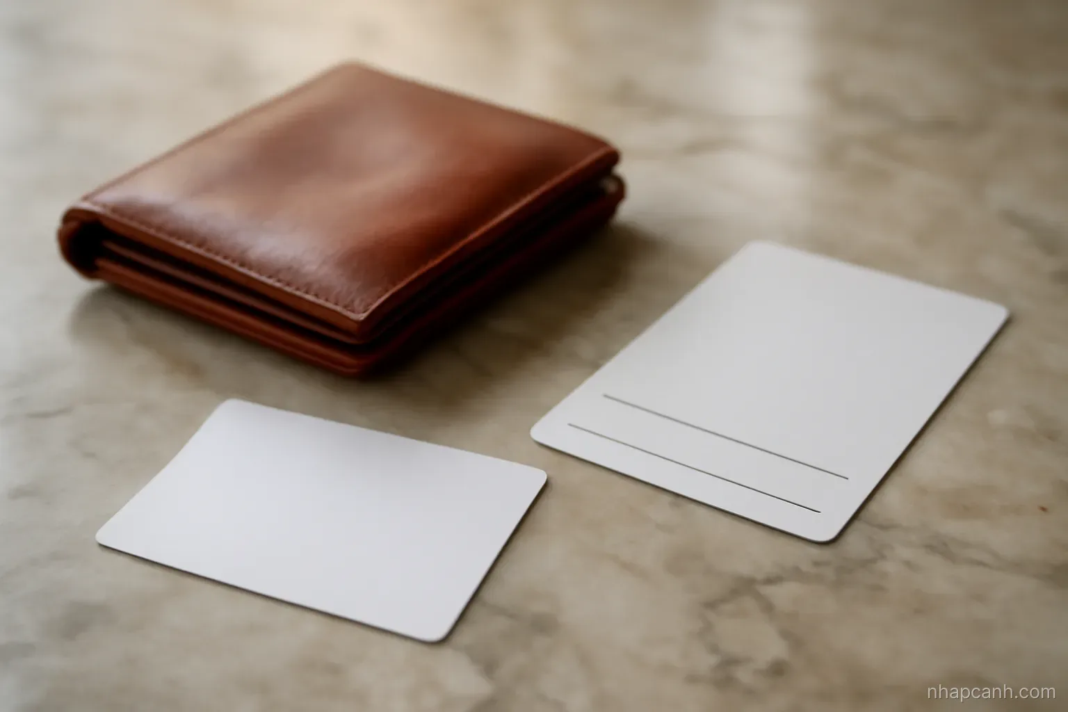 a folded leather wallet and a plain bank card lying on a marble counter beside a boarding pass shaped blank card, soft natural light, nothing legible