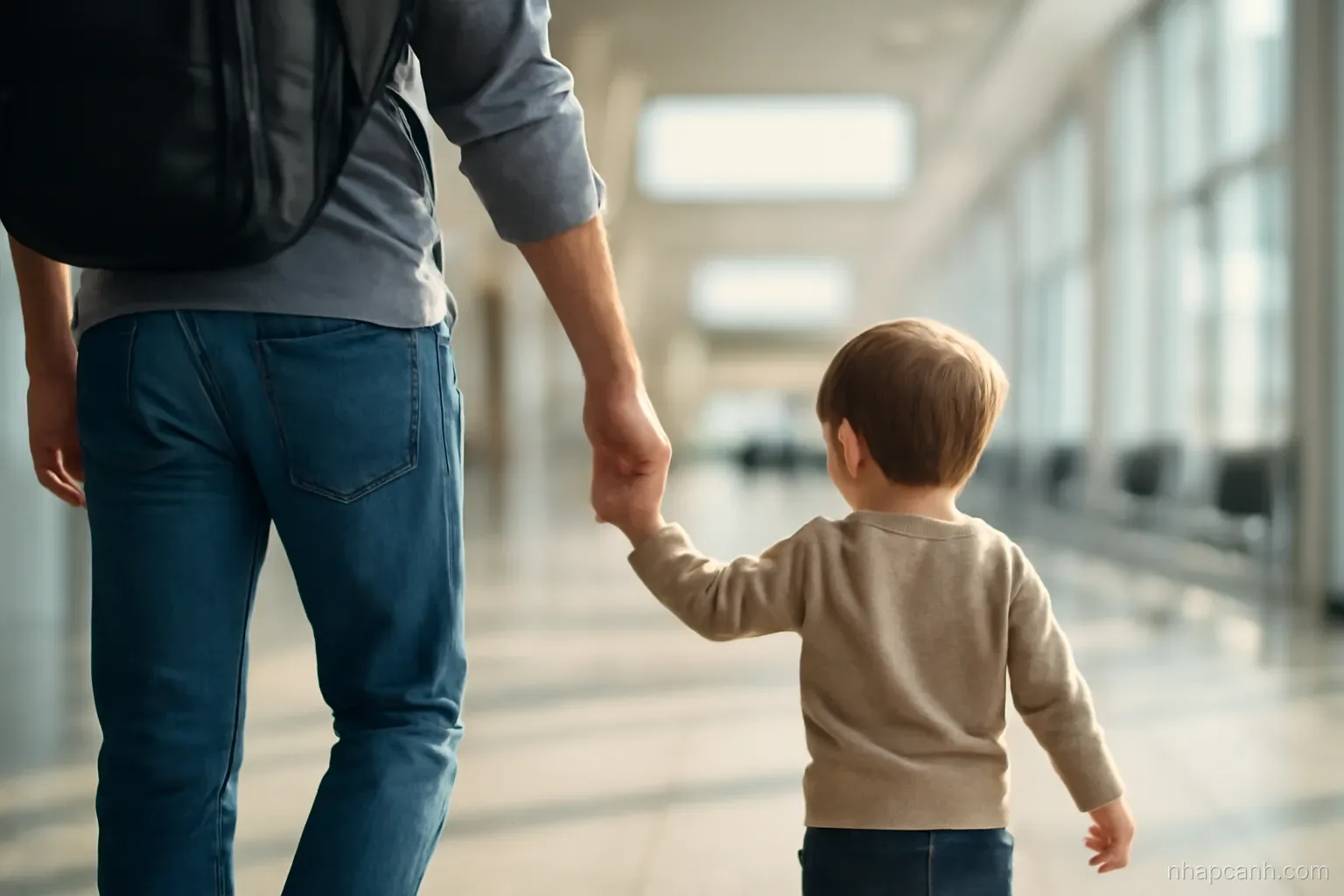 a parent holding a small child hand while walking through a bright airport corridor, seen from behind at waist height, blurred signage with no readable letters