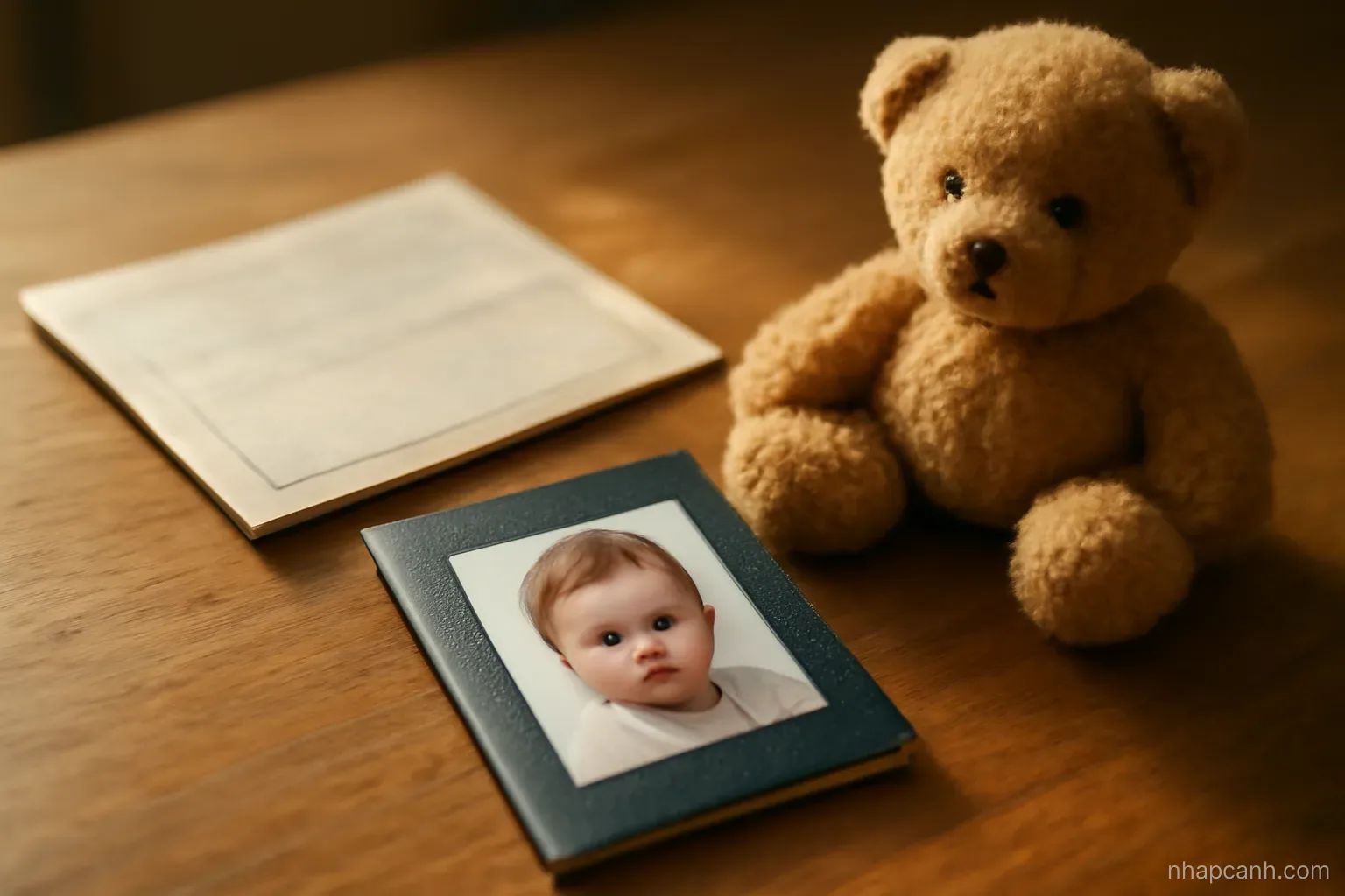 a small child passport and a folded birth certificate lying on a wooden table next to a soft toy, warm morning light, documents closed so no text is legible