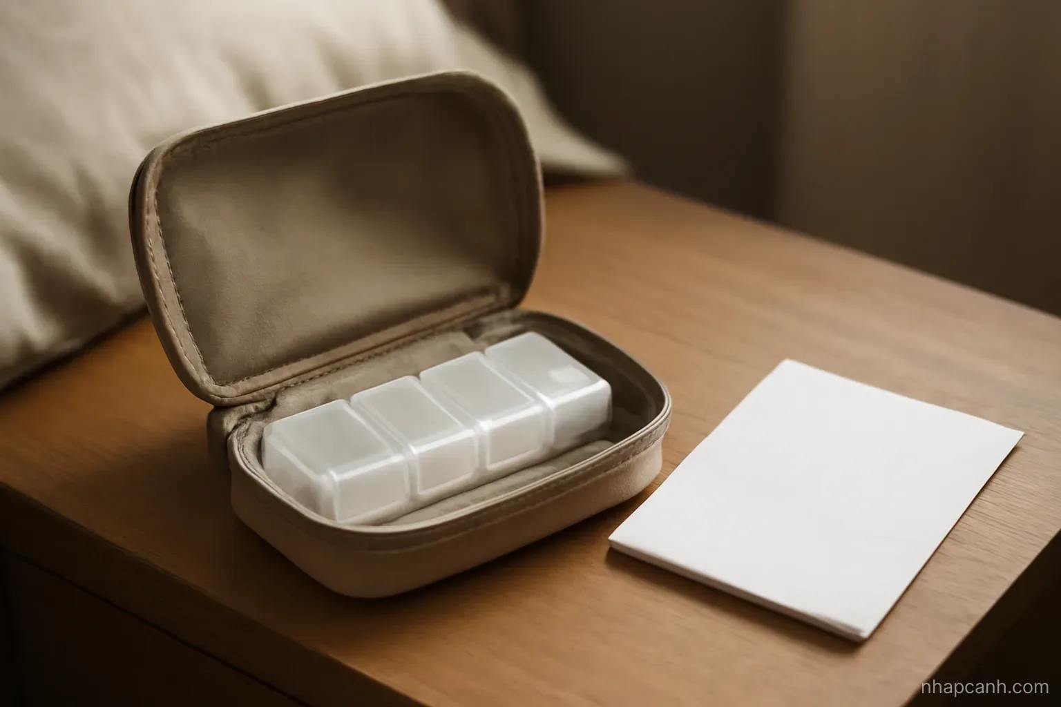 a small open travel pouch with an unlabelled pill organiser and a folded blank paper beside it on a bedside table, soft morning light