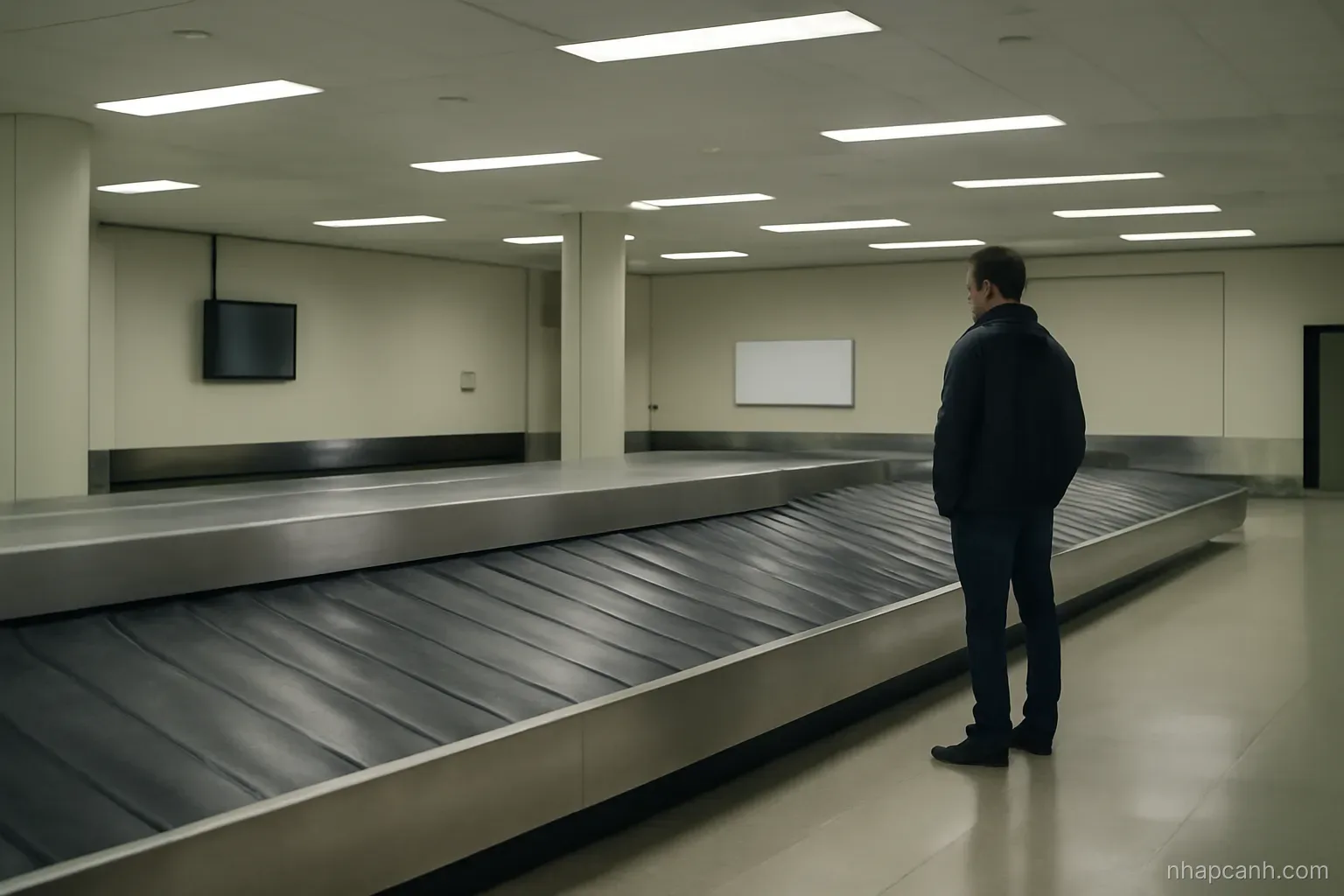 an empty airport baggage carousel still turning under fluorescent light with one person standing at the edge, wide angle, no text visible