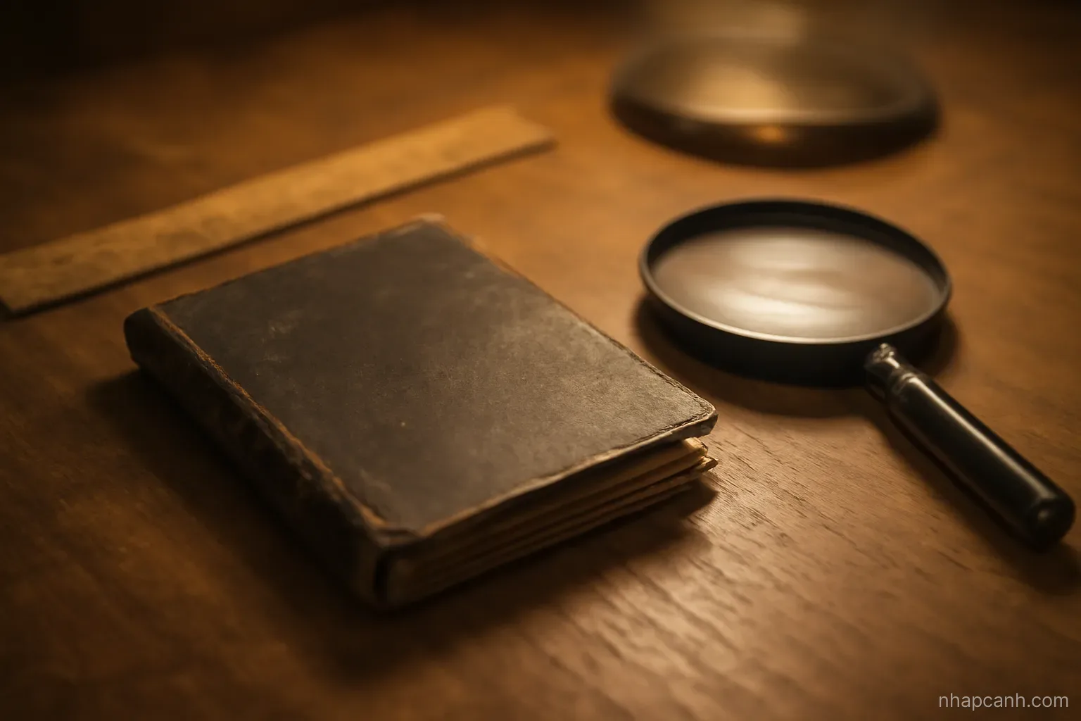 a worn passport lying closed on a wooden desk beside a ruler and a magnifying glass, warm lamp light, no visible text or emblem