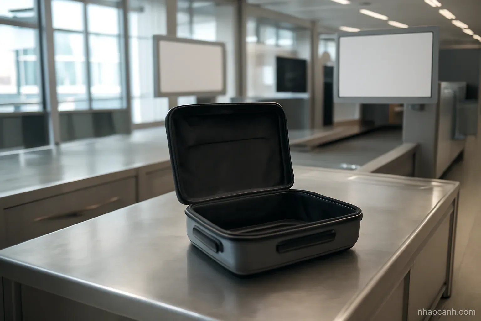 an empty customs inspection counter made of stainless steel with an open unmarked suitcase on it, bright even lighting, no text anywhere