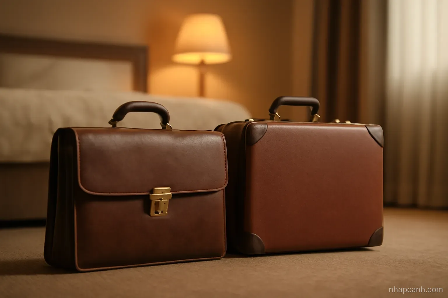 a closed leather briefcase and a small suitcase standing side by side on a hotel room floor, warm lamp light, no labels visible