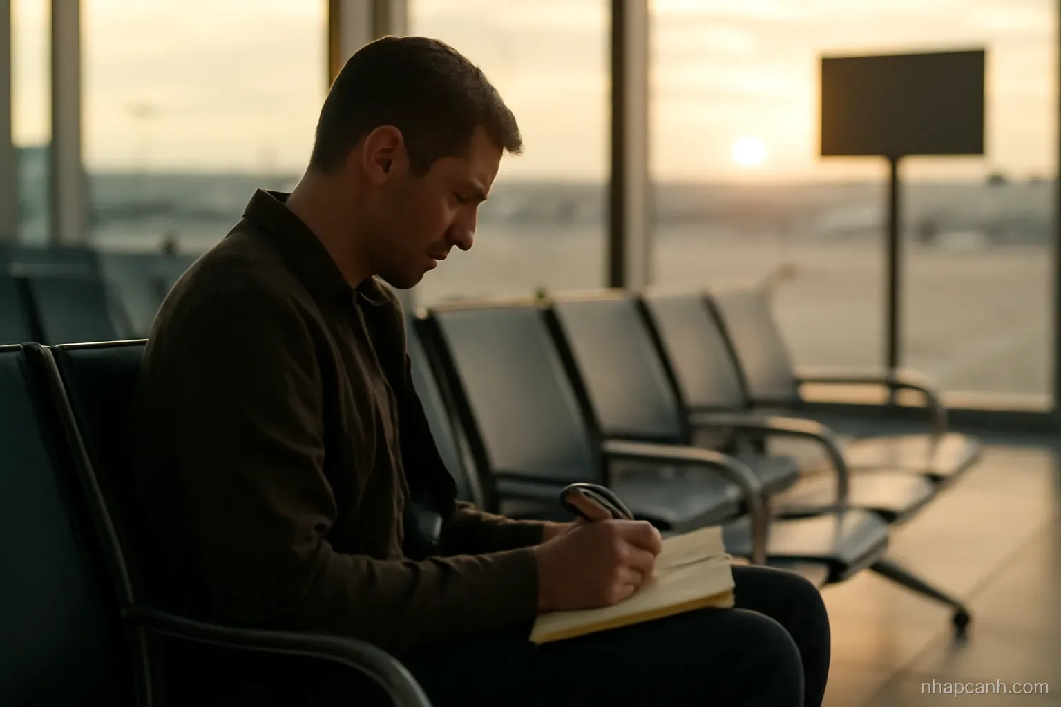 a person sitting alone on a bench in an airport waiting area writing notes in a notebook, evening light through window, page turned away