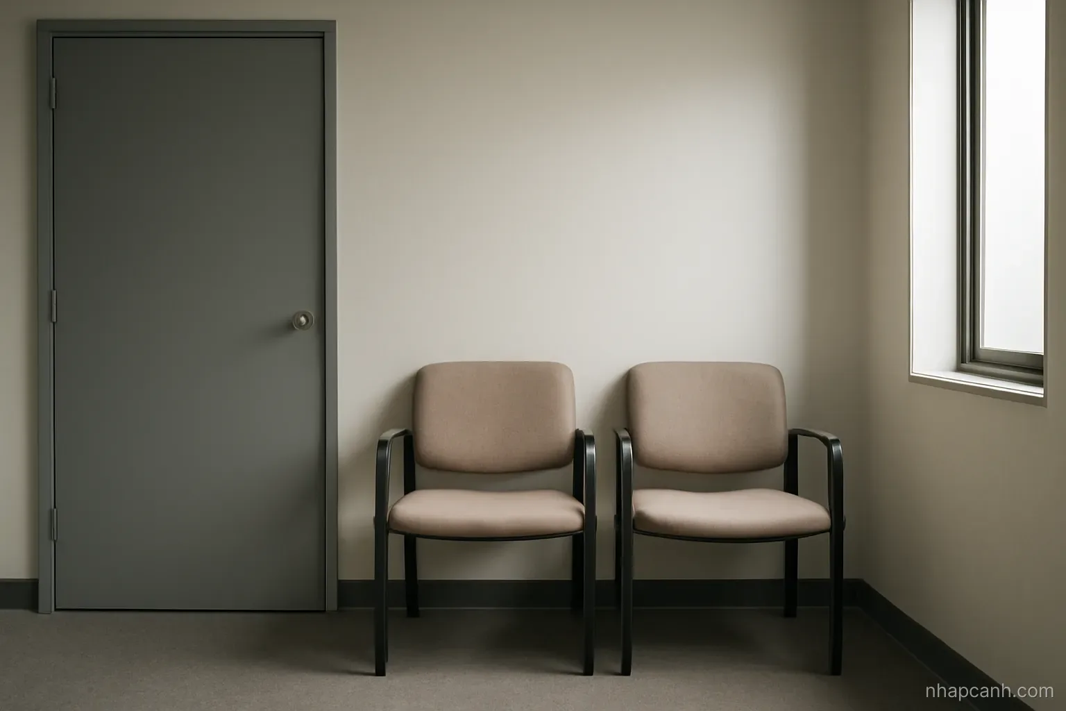 a small plain waiting room with two chairs, a closed door and a narrow window, neutral institutional lighting, no people and no text