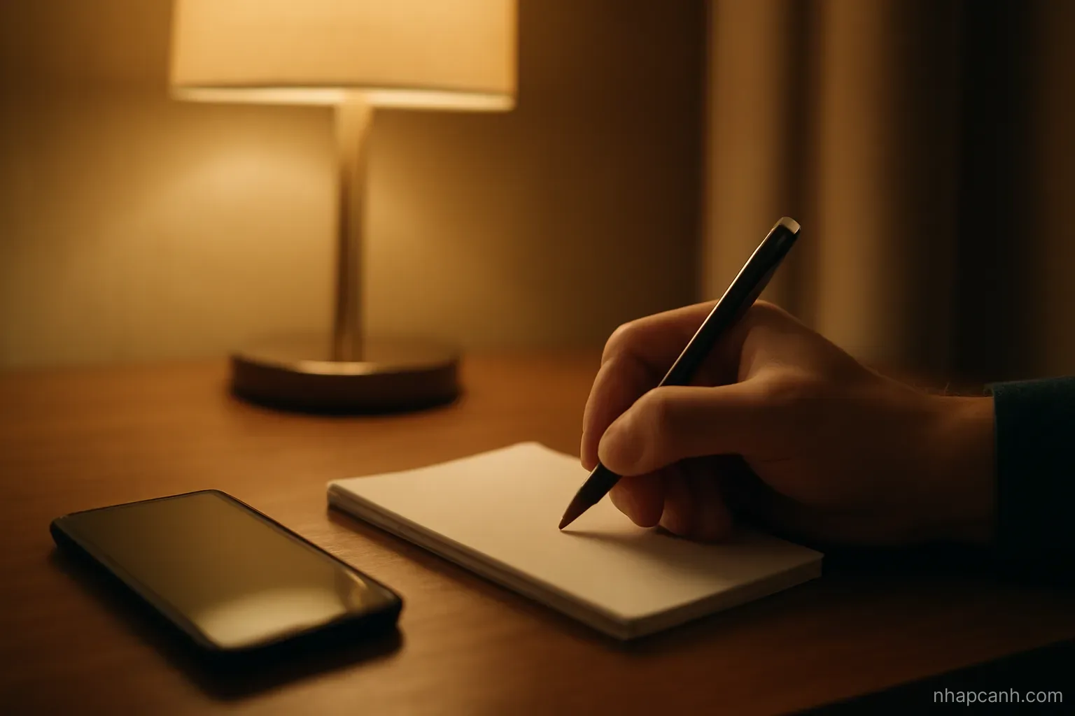 a hand writing on a small notepad beside a phone on a hotel desk at night, warm lamp light, page blank and unreadable