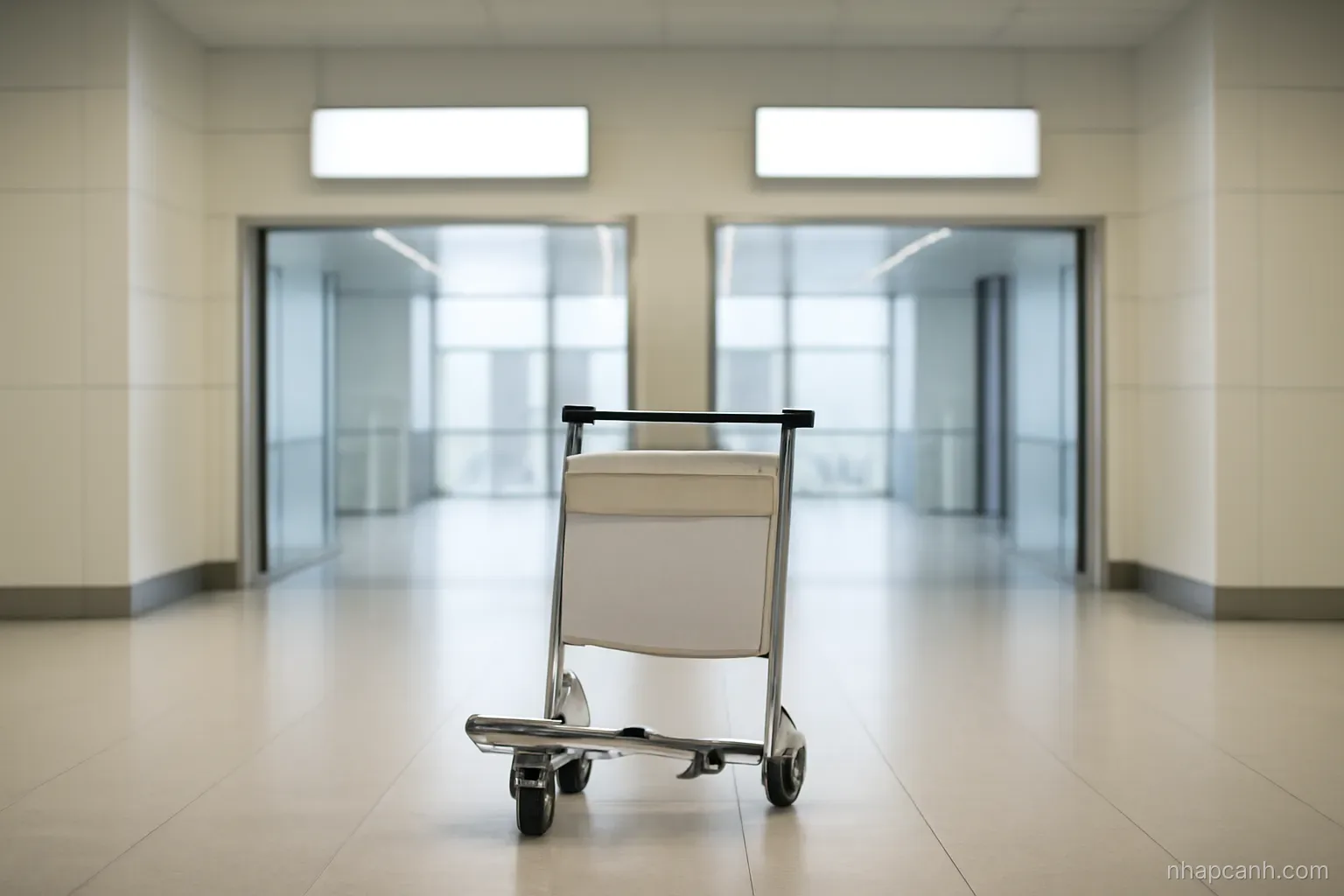 two wide corridor exits in an airport customs hall with a luggage trolley in the middle, clean minimal interior, signs blurred beyond reading