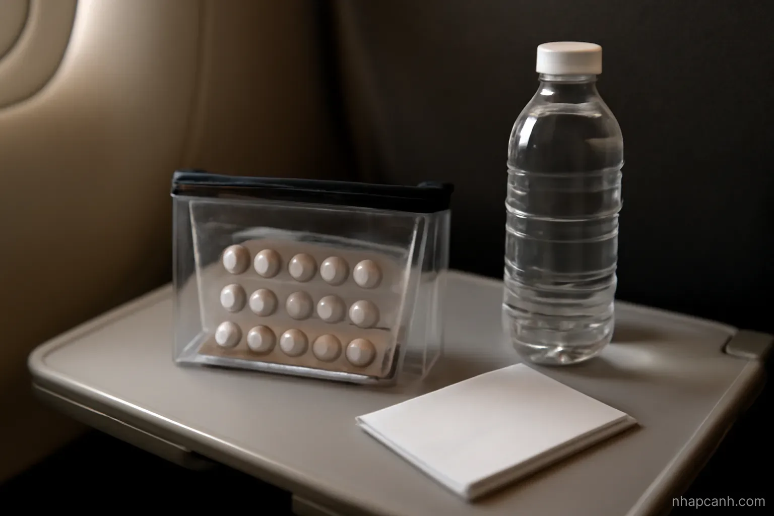 a small clear travel pouch with blister packs and a folded paper beside a water bottle on a tray table, soft cabin light, packaging unmarked