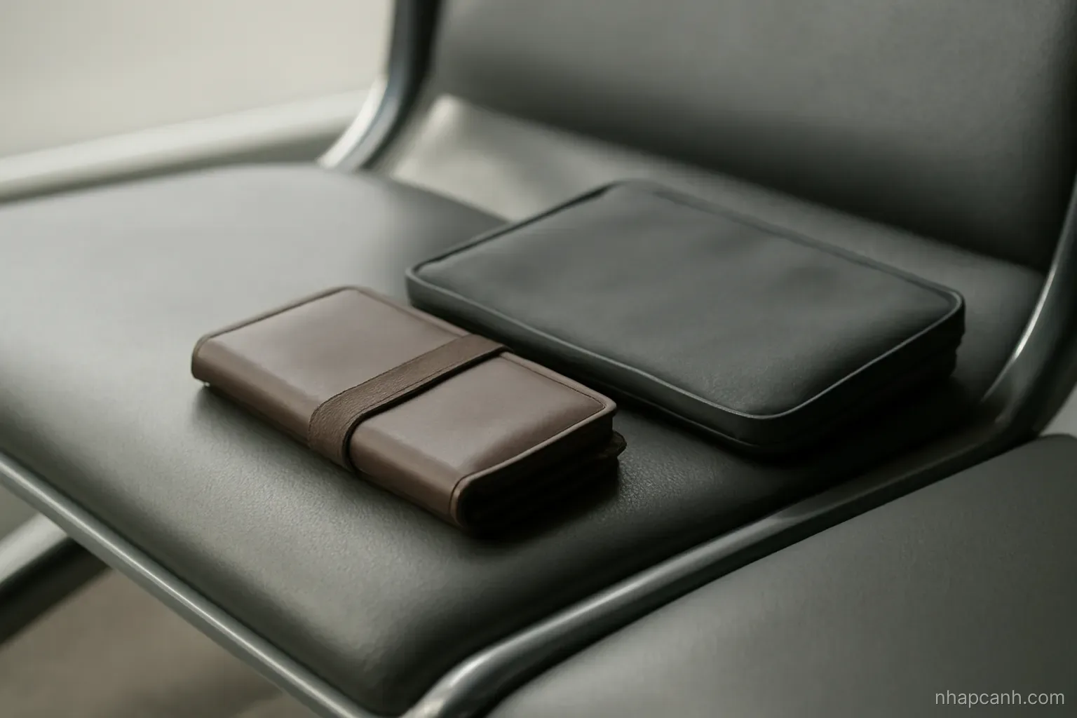a travel wallet and a zipped document pouch resting on an airport bench seat, muted colours, shallow depth of field, no visible banknotes