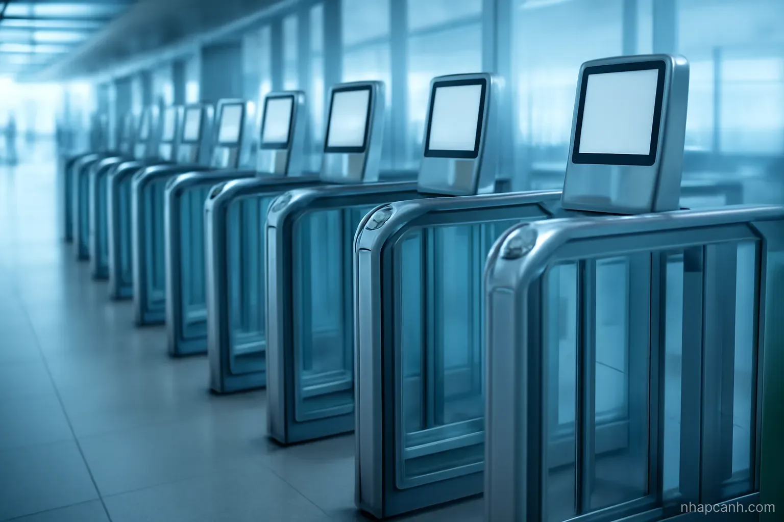 a row of automated electronic gates with closed glass panels in an airport corridor, soft blue ambient light, no people and no readable displays