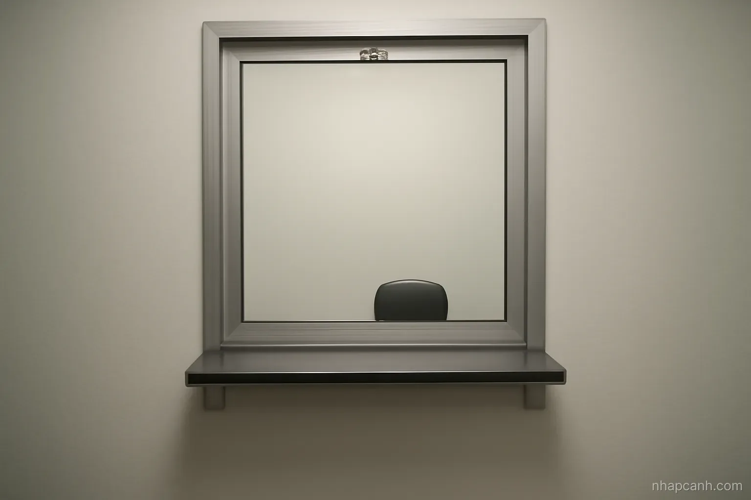a closed immigration booth window with a small counter shelf and a stool behind it, plain wall, even artificial light, no text