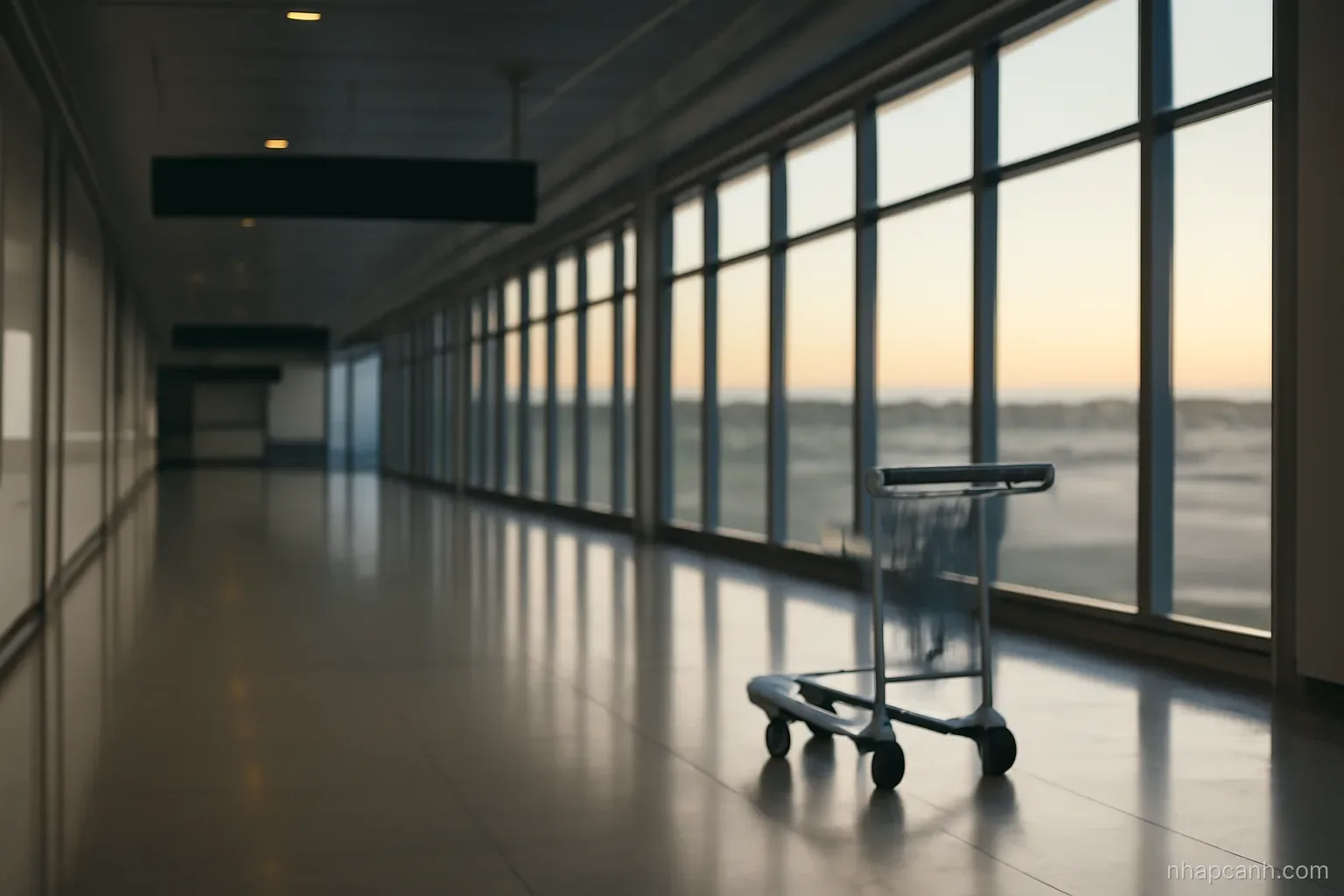 an empty airport arrivals corridor with large windows and a polished floor at dawn, a single luggage trolley parked to one side, no people