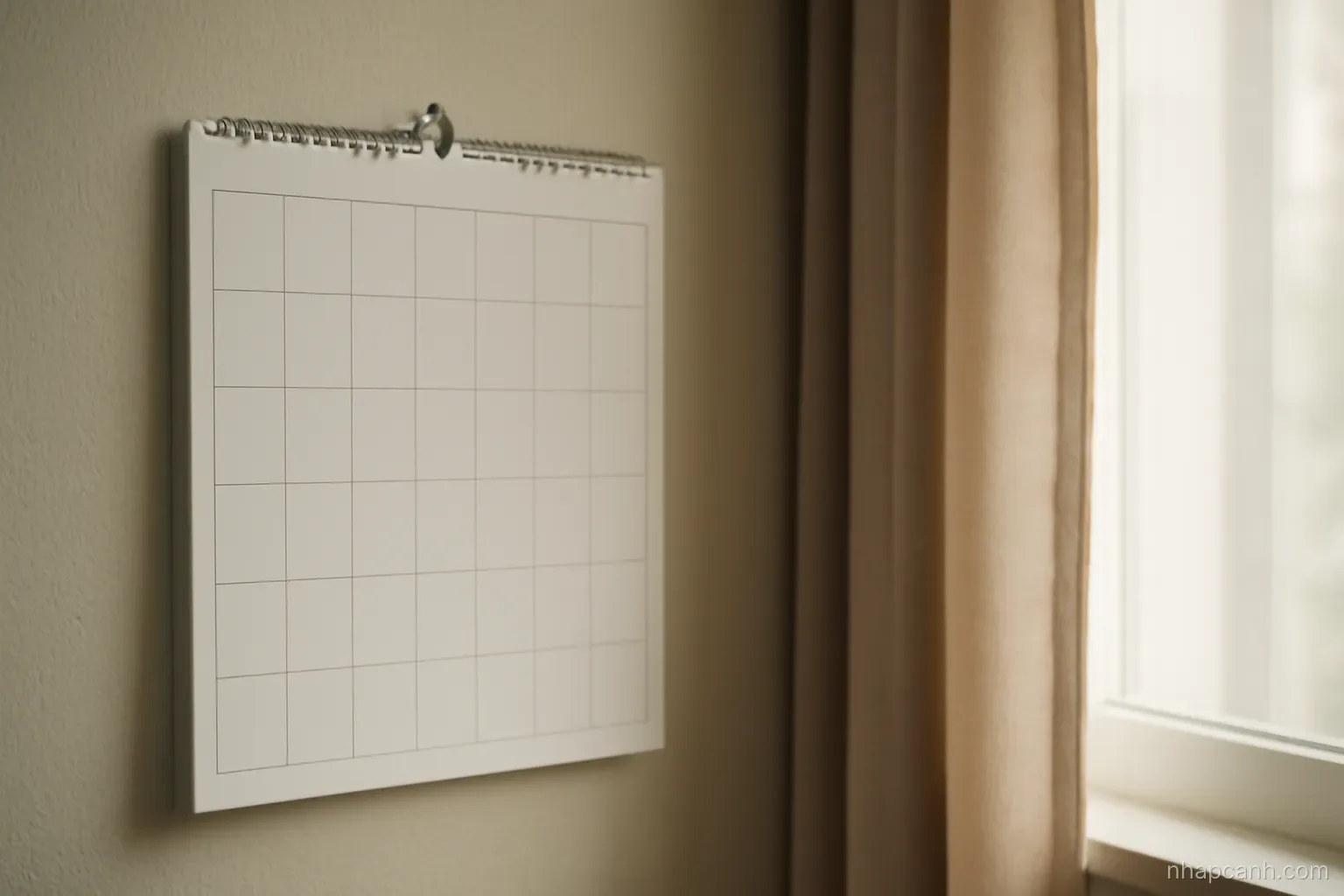 a wall calendar page with unmarked squares hanging beside a window with drawn curtains, muted afternoon light, no numbers legible