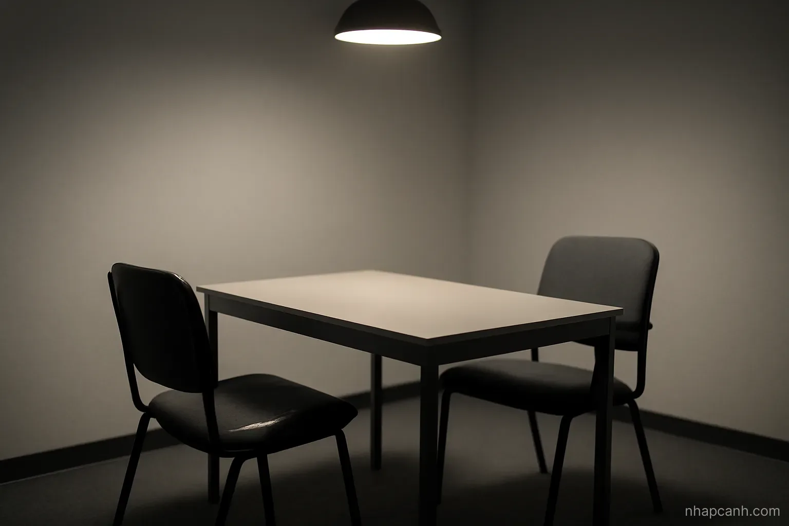 two chairs facing each other across a plain table in a small bare interview room, single overhead light, walls empty