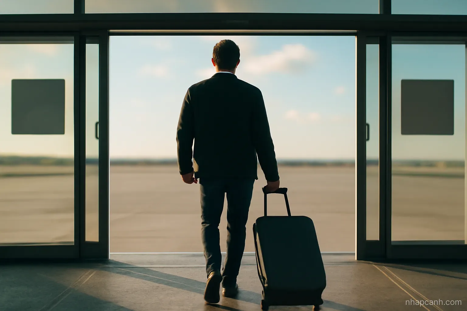 a person walking out of an airport arrivals door into daylight pulling a suitcase, seen from behind, open sky ahead, no signage