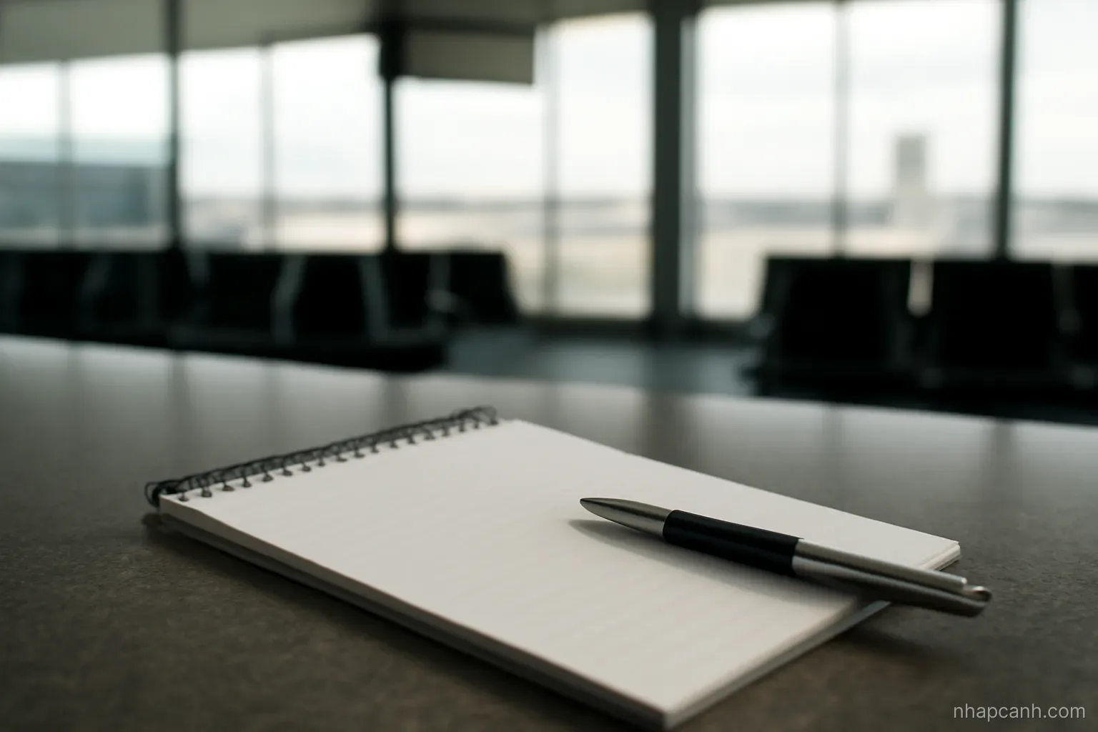 a plain notepad with blank lines and a pen resting on an airport counter shelf, soft indirect lighting, nothing written on the page