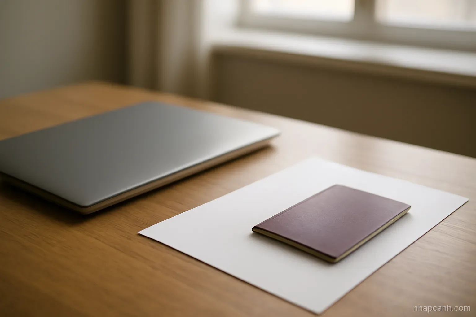 a laptop closed on a desk next to a printed blank sheet and a passport, soft morning light through a window, no readable content