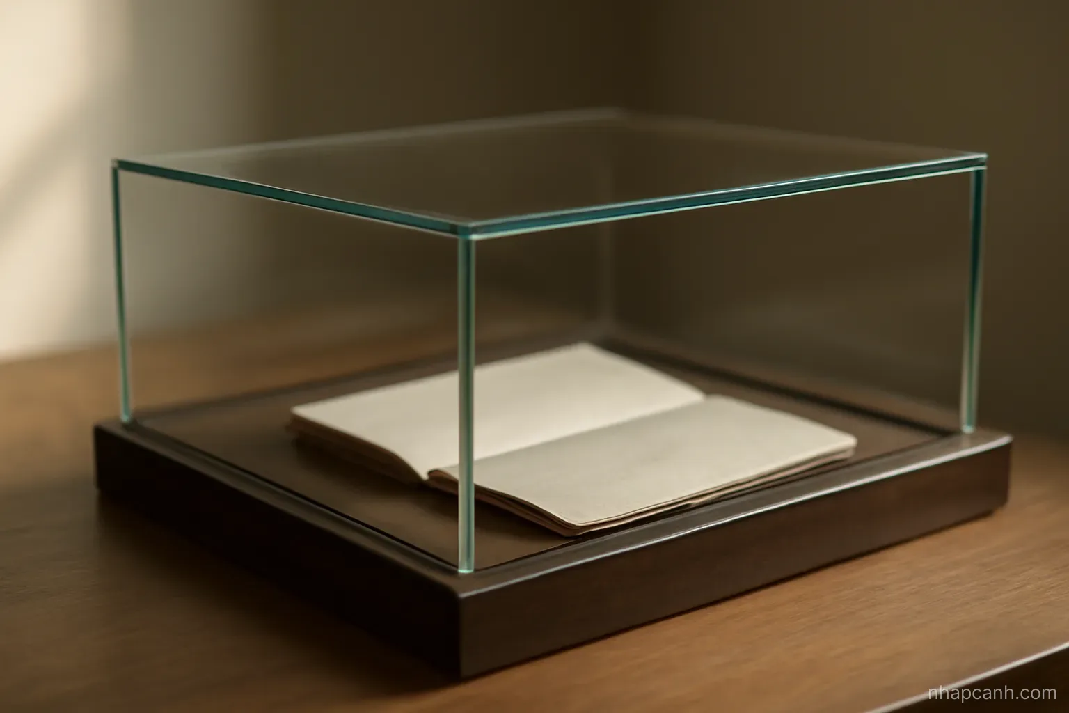 a passport page corner visible under a closed glass display case in a quiet room, soft directional light, no readable print