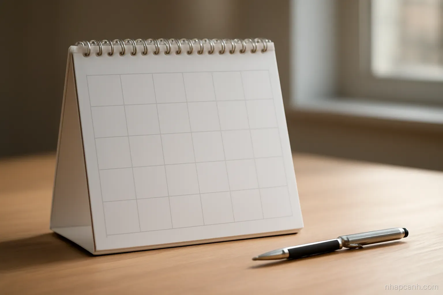 a desk calendar standing open with plain unmarked grid pages beside a pen, soft window light, no numbers or writing visible