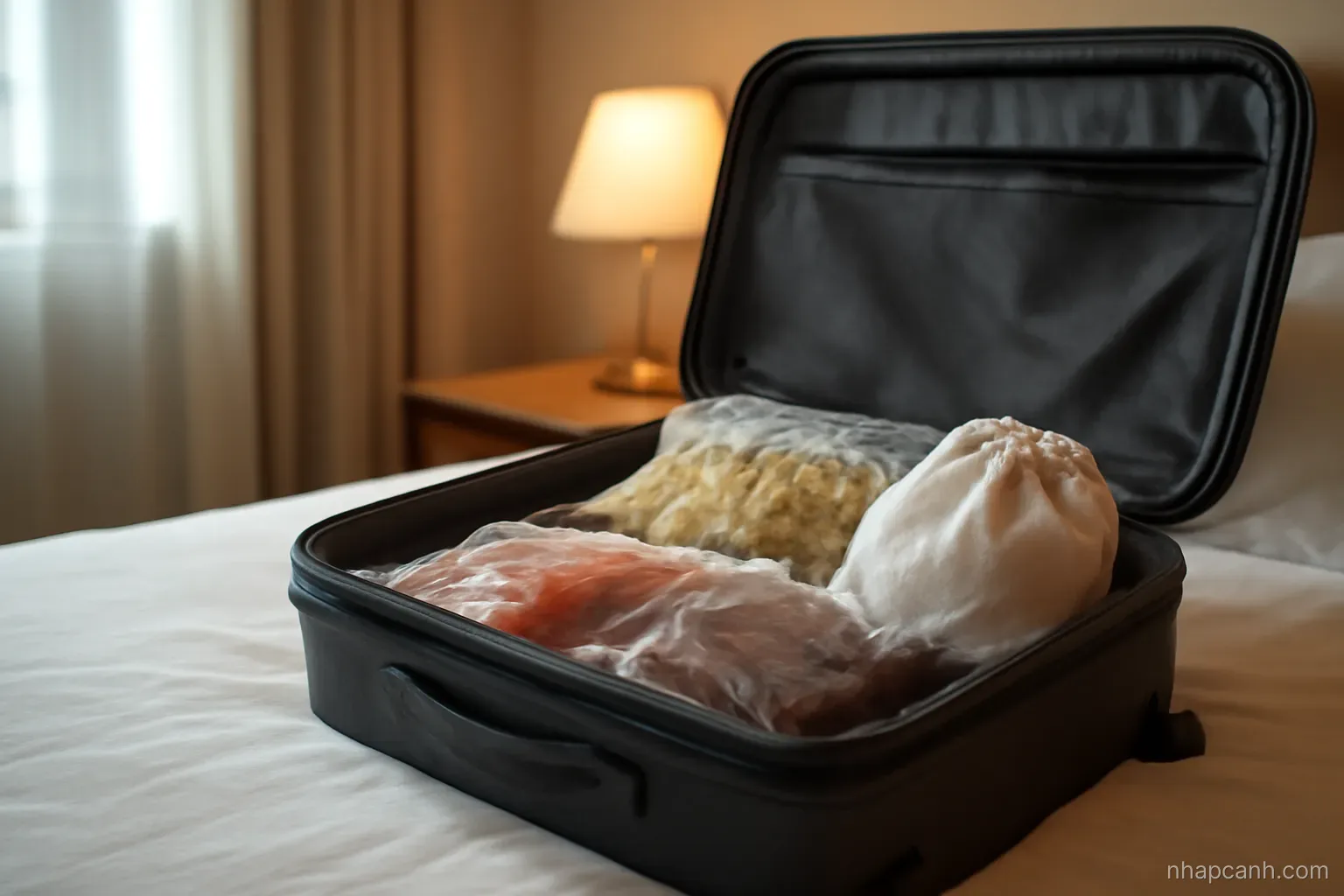 a half open suitcase on a hotel bed with vacuum sealed food packets and a cloth bag, warm lamp light, packaging plain without labels
