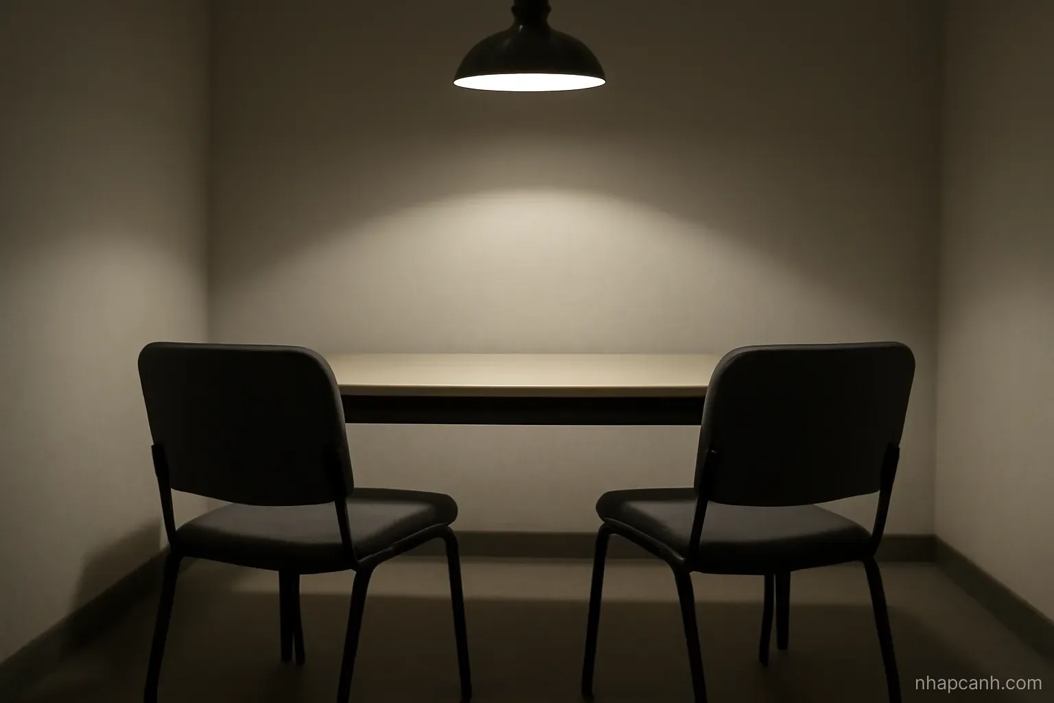 two identical empty chairs facing a plain desk in a bare room, hard shadows from a single overhead lamp, no objects on the desk