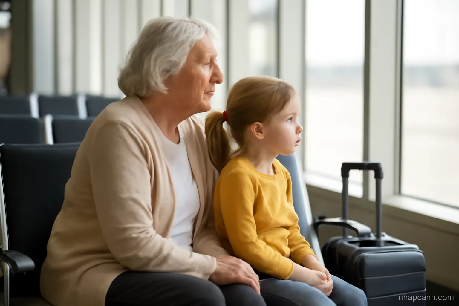 an elderly woman and a young child sitting side by side on airport waiting chairs with a small suitcase, natural light from tall windows, faces in profile