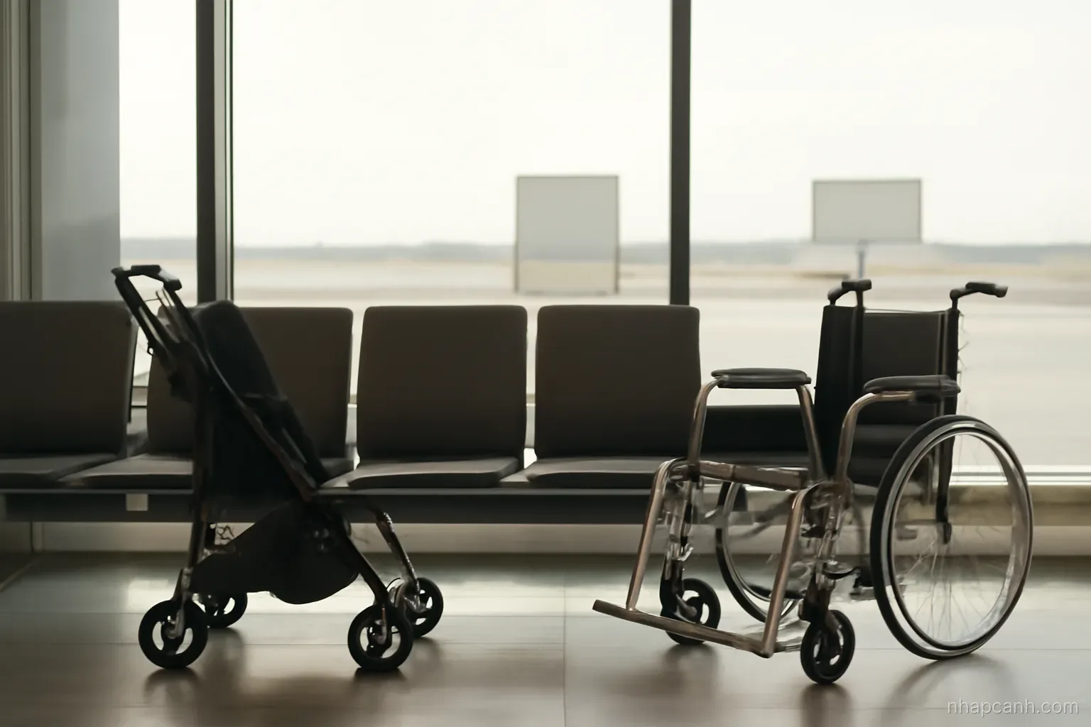 an empty airport family waiting area with a low bench, a folded stroller parked beside it and a wheelchair nearby, soft daylight, no people