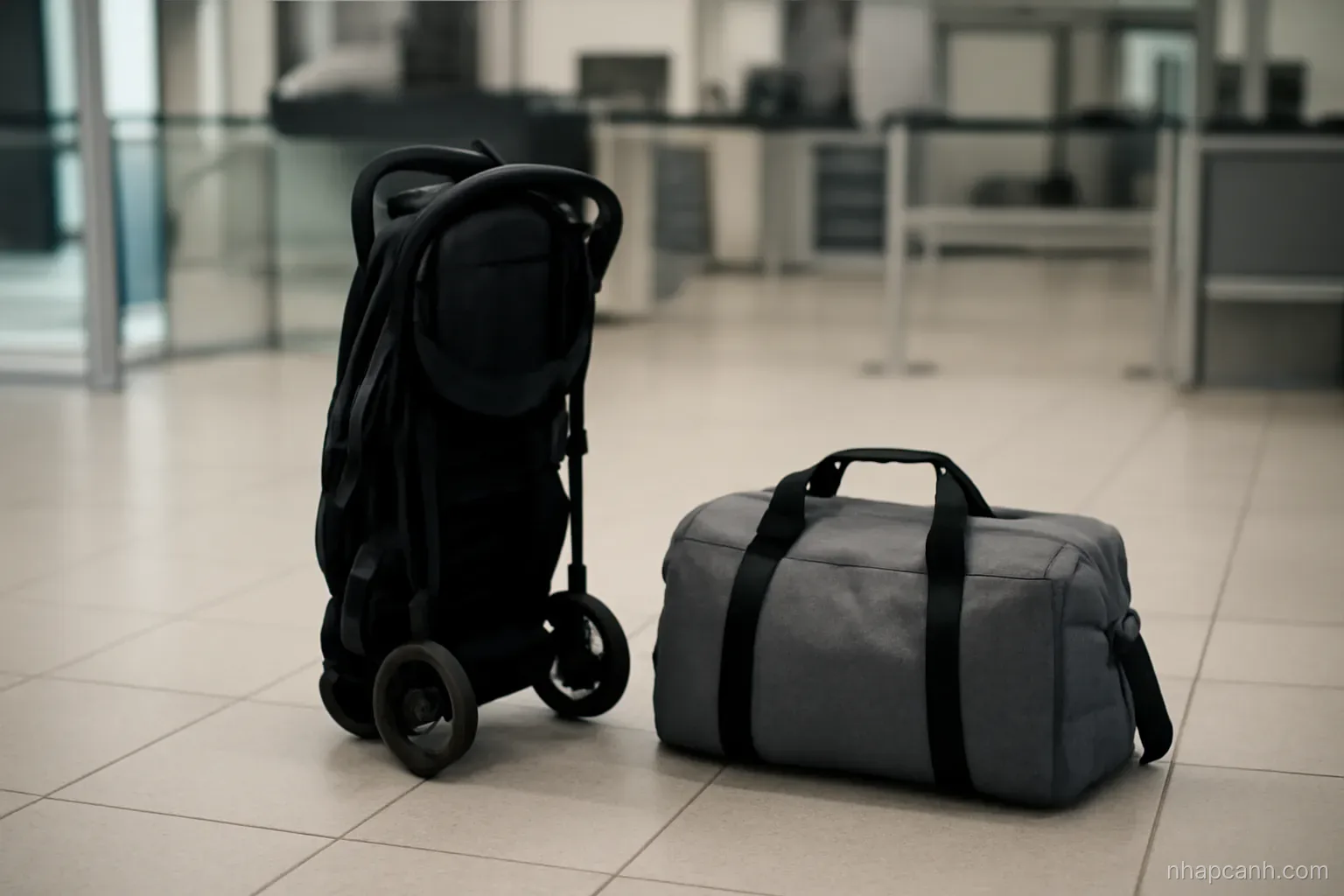 a baby stroller folded beside a bag at an airport security area, clean tiled floor, soft overhead light, no signage in frame