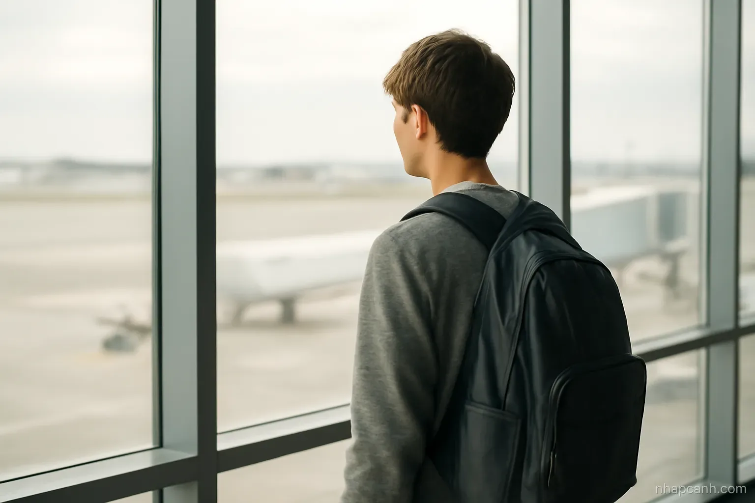 a teenager with a backpack standing alone near an airport departure hall window looking outside, back three quarter view, soft daylight