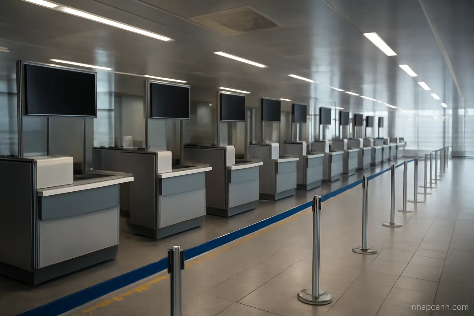 an empty airport immigration hall with a row of unmanned booths and floor queue markings, cool overhead lighting, no people and no signage text