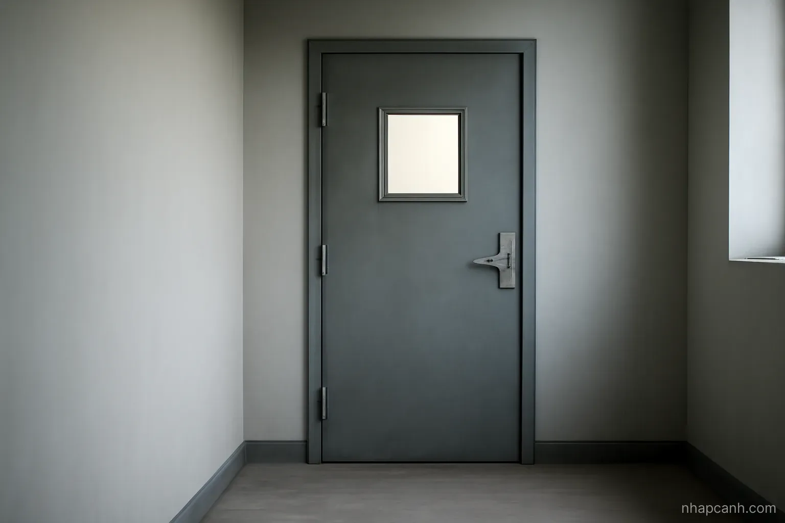 a heavy closed metal door with a small window in a plain corridor, neutral grey walls, flat daylight, no signage