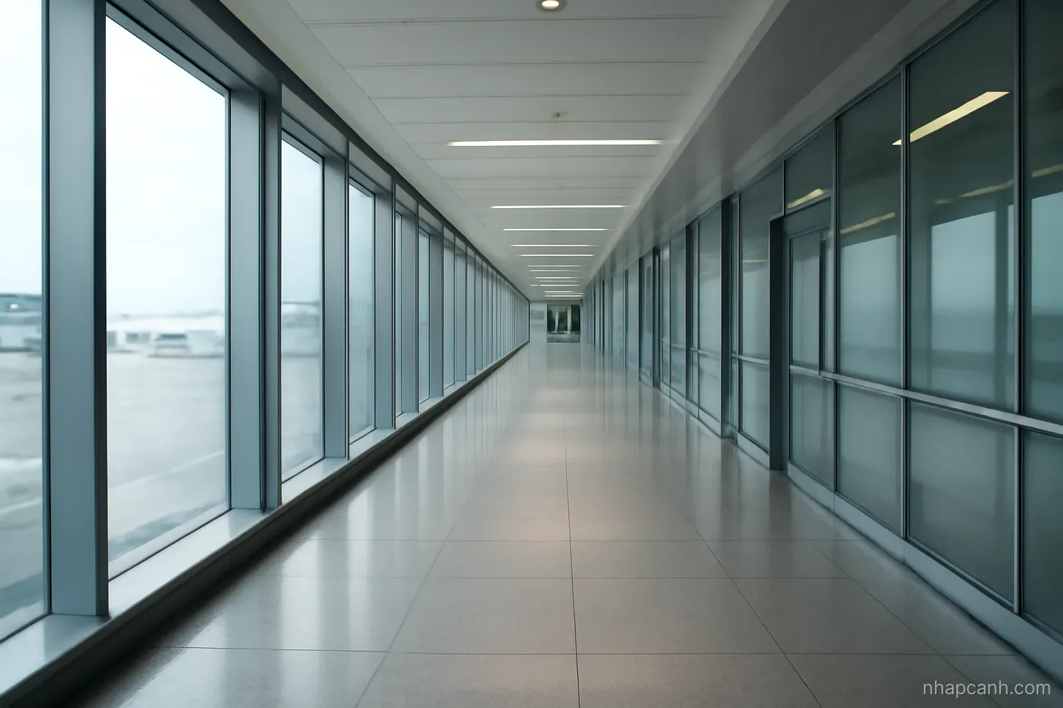 a long empty glass walled airport corridor between gates and passport control, cool daylight, clean lines, no signs or text