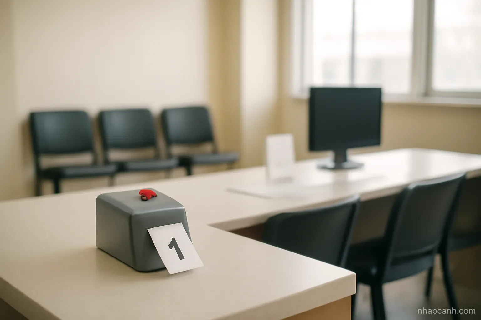 an empty public service office counter with a numbered ticket dispenser and a row of chairs behind, neutral daylight, no readable signage